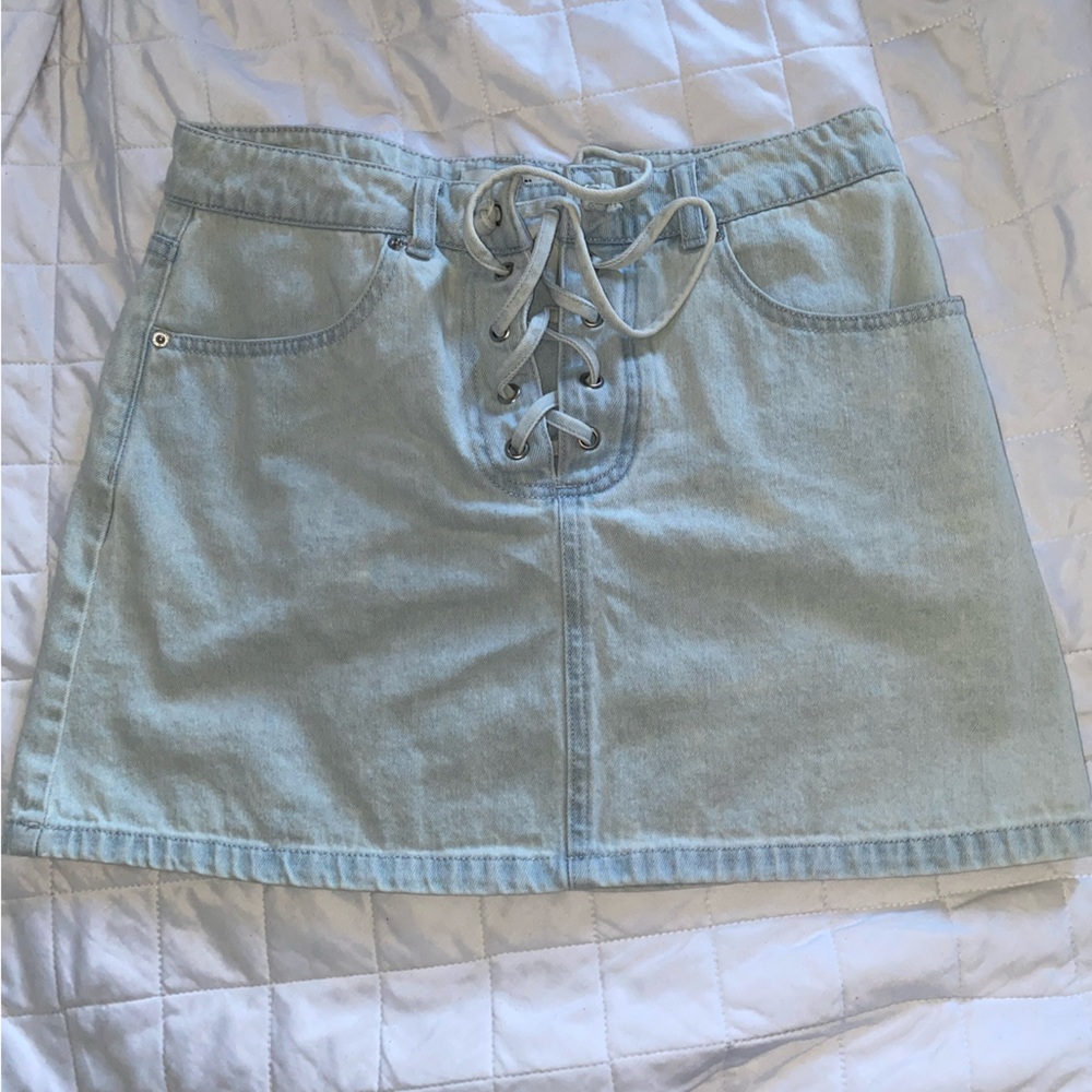 Denim skirt ties in front